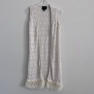 Absolutely Creative Ivory Fringe Knit Vest S Boho Duster